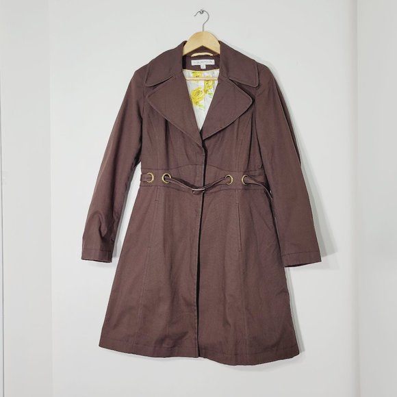 Via Spiga Brown Cotton Blend A-Line Coat Jacket Lined Belted Stretch Pockets S - Picture 1 of 11